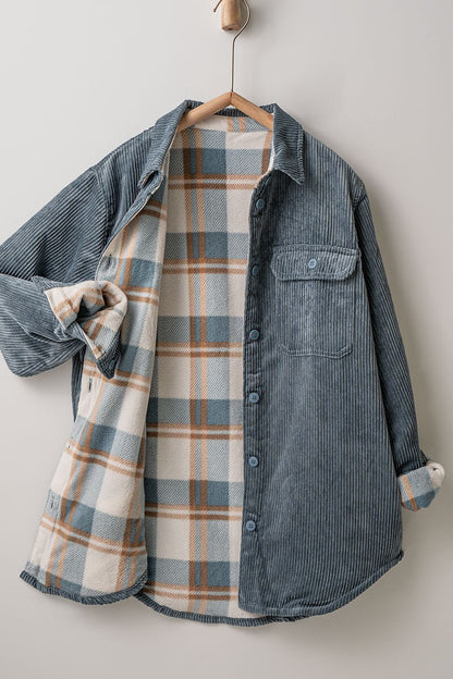 Plaid Lined Corduroy Flannel with Inner Pockets Shacket