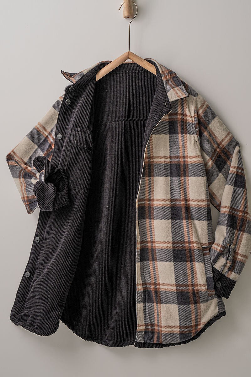 Plaid Lined Corduroy Flannel with Inner Pockets Shacket