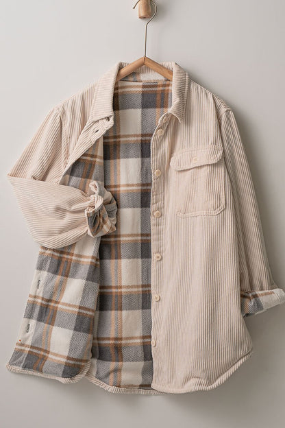 Plaid Lined Corduroy Flannel with Inner Pockets Shacket